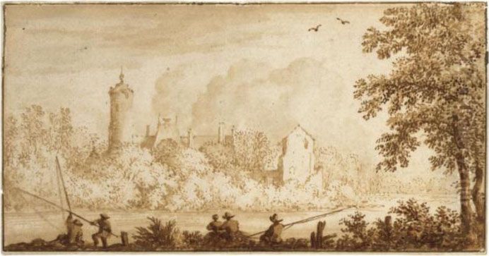 A Town Seen Across A River, With Anglers In The Foreground Oil Painting by Allart Van Everdingen