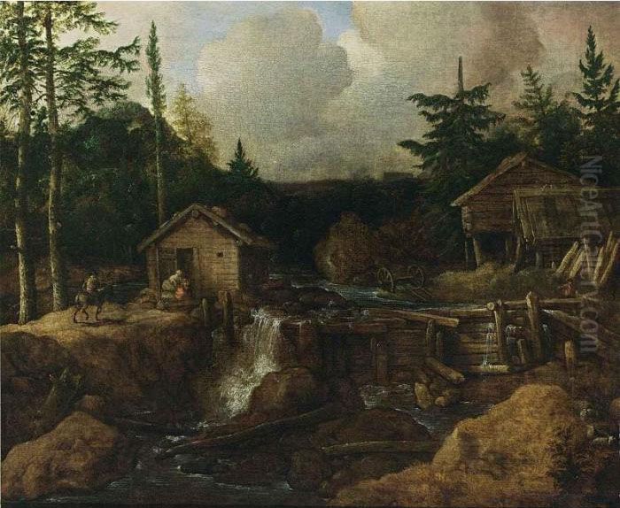 A Scandinavian Wooded Landscape With Figures Near A Waterfall, A Timberyard Nearby Oil Painting by Allart Van Everdingen