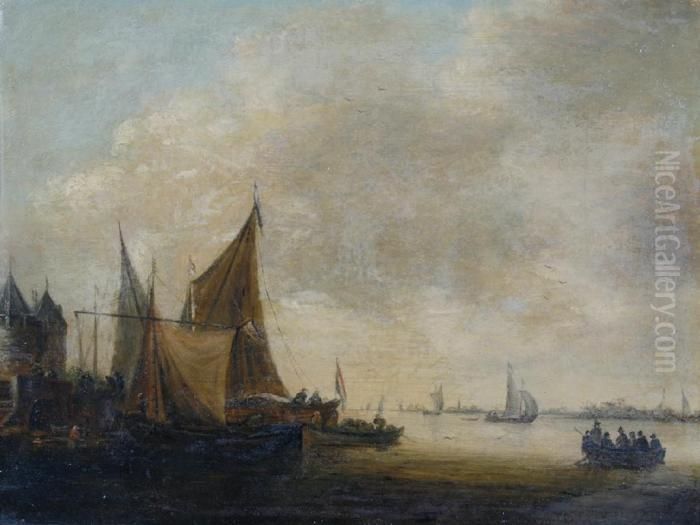 An Estuary Scene With Boats Beside A Shoreline Oil Painting by Jan van Goyen