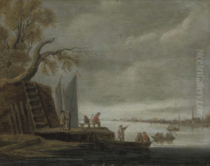 A Wooded River Landscape With 
Figures On A Jetty And Boats Crossing The River, A Town Beyond Oil Painting by Jan van Goyen