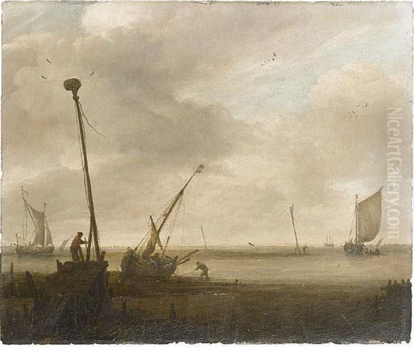 Low Tide On The Dutch Coast, 
With A Hoy On The Foreshore And Other Coastal Craft At Anchor Nearby; Oil Painting by Jan van Goyen