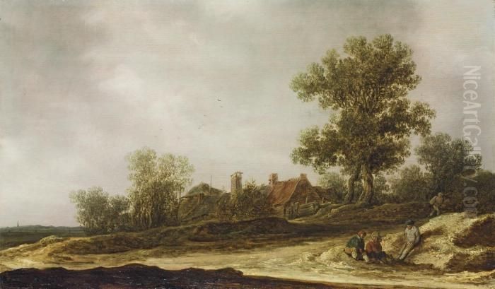 A Landscape With Travellers 
Resting On A Sandy Path Near A Cottage, A Church In The Distance Oil Painting by Jan van Goyen