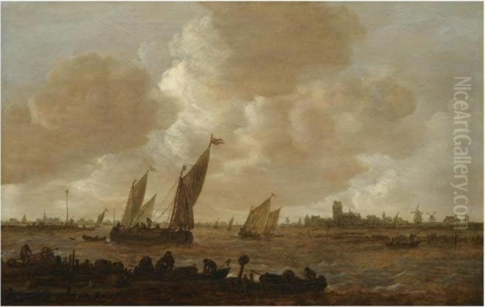 A Distant View Of Dordrecht, 
With Small Vessels Beating Against And Running Before The Wind, With 
Fishermen Unloading Fishtraps In The Foreground Oil Painting by Jan van Goyen