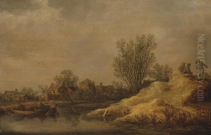 Paysans Traversant Un Cours D'eau, Un Village A L'arriere-plan Oil Painting by Jan van Goyen