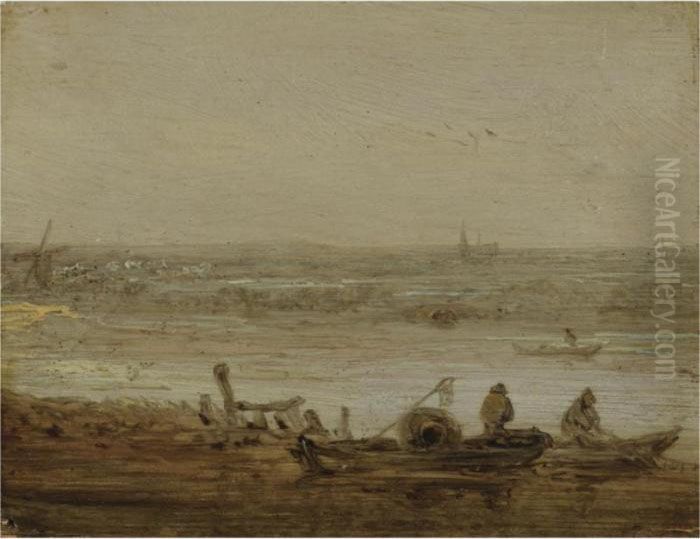 A River Landscape With Fishermen
 In Boats Hauling In Their Nets, A View Of A Church In The Far Distance Oil Painting by Jan van Goyen