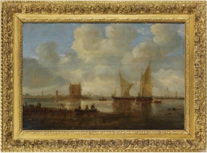 An Estuary With Two Sailing 
Boats, A House And A Church In The Background, A Fishing Boat And 
Fishermen In The Foreground Oil Painting by Jan van Goyen