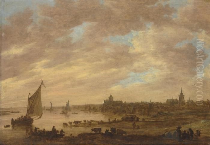 A View Of Nijmegen From The West
 With The Valkhof And St.stevenskerk, A Ferry And Other Shipping On The 
Waal And Cattle Onthe River Bank Oil Painting by Jan van Goyen