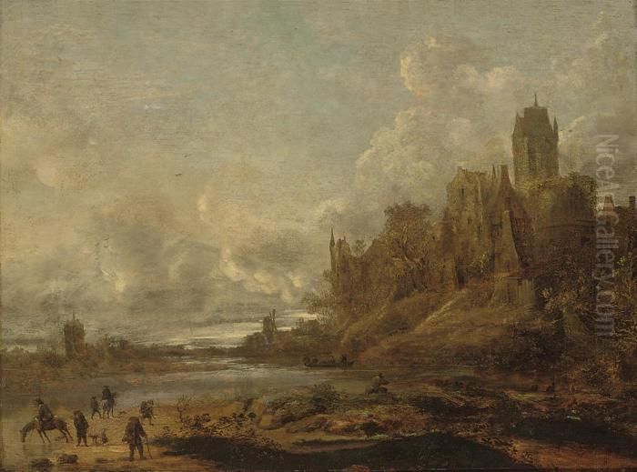 A River Landscape With 
Travellers On The Bank, A Ferry Crossing, Awindmill And Town Beyond Oil Painting by Jan van Goyen