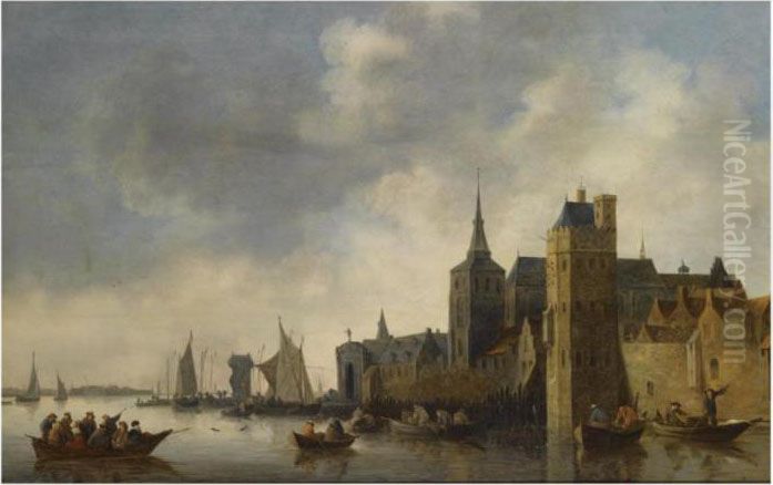 A River Landscape With Fishermen
 In Small Vessels Near The City Ofantwerp, With A Church Tower On The 
Right, Sailing Boats In Thebackground Oil Painting by Jan van Goyen