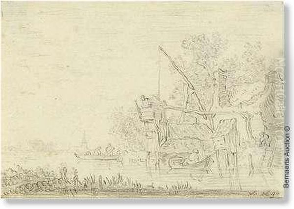 Toegeschreven. Bedrijvigheid Aan
 De Oever. Zwart Krijt Op Gevergeerd Papier. Met Annotatie Rechtsonder 
'vg 1640'. Met Certificaat Van Hofstede De Groot Op Verso: ' Den Haag 
Mei 1925/ De Ondergetekende Houdt/ Deze Tekening Voor Een Echte En Echt/
 G Oil Painting by Jan van Goyen