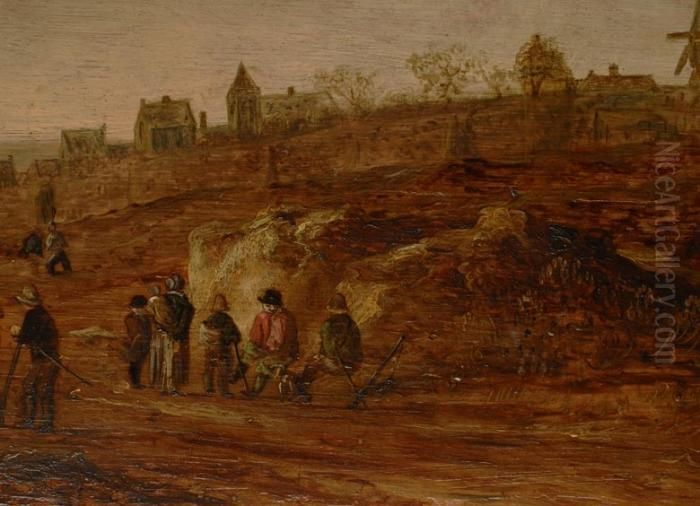 Kustenlandschaft Mit Ortschaft, 
Grossem Kirchturm, Windmuhlen Und Personenstaffage Im Vordergrund Oil Painting by Jan van Goyen