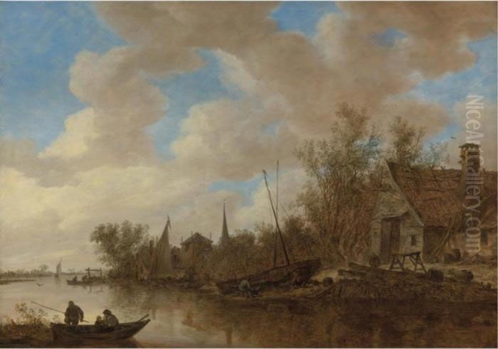 River Landscape With Men Fishing
 From Boats And Men Repairing A Boat Before A Wooden House Oil Painting by Jan van Goyen