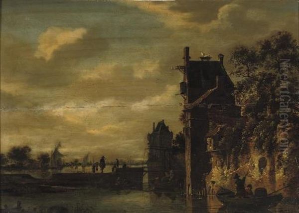A River Landscape With Figures 
In Rowing Boats Outside The Walls Of A Town, Sailing Boats Beyond Oil Painting by Jan van Goyen