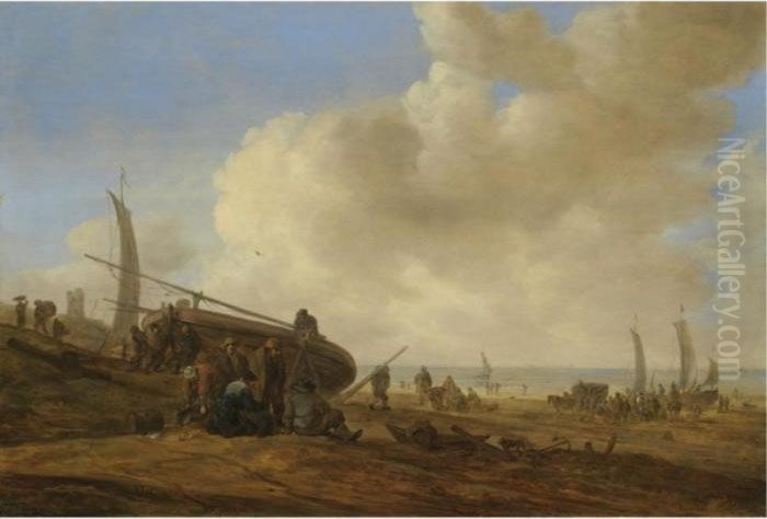 A Beach Scene, Possibly At 
Egmond-aan-zee, With Figures Pushing Off An Unrigged Fishing Pink Oil Painting by Jan van Goyen