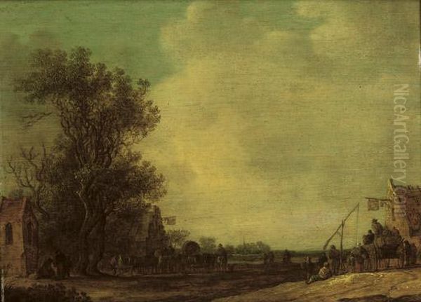 A Wooded Landscape With Travellers Outside An Inn Oil Painting by Jan van Goyen