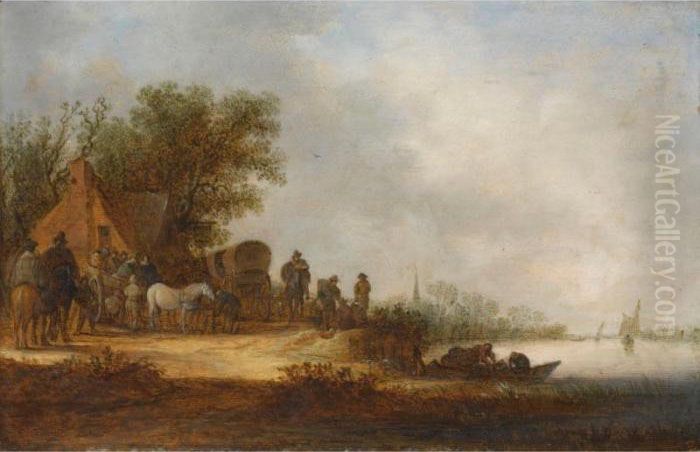 A River Landscape With 
Travellers With Their Horse-drawn Carriages And Wagons Halting At An 
Inn, Figures In A Rowing Boat In The Foreground Oil Painting by Jan van Goyen