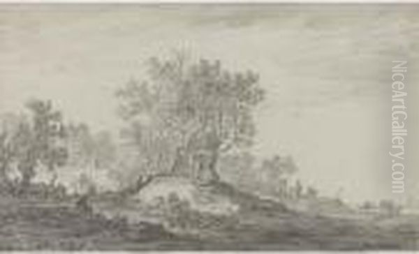 Travellers Resting On A Rise 
Along A Road, With A Cottage In Woods To The Left And Covered Waggons In
 The Distance Oil Painting by Jan van Goyen