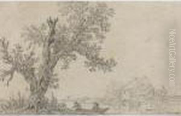 River Landscape, With Two Men 
Mooring A Rowing Boat Underneath A Tree, A Cottage On The Far Bank Oil Painting by Jan van Goyen