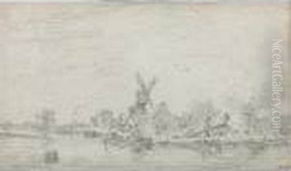 The Mill 'de Kat' And The Lime 
Kiln At The Zuider Buiten Spaarne, Near Haarlem, With Men Unloading 
Boats Oil Painting by Jan van Goyen