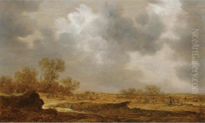 An Extensive Dune Landscape With
 A Peasant Woman Bailing Hay And Two Farmers Conversing To The Right Oil Painting by Jan van Goyen