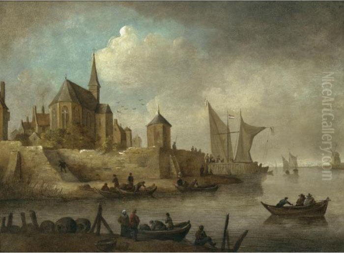 A River Landscape With A Rowing 
Boats Unloading Below The Walls Of A Town, A Church Beyond Oil Painting by Jan van Goyen