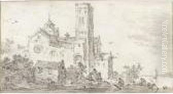 A View Of The Mariakerk In 
Utrecht, Imaginatively Situated On A River Bank With A Boat In The 
Foreground Oil Painting by Jan van Goyen