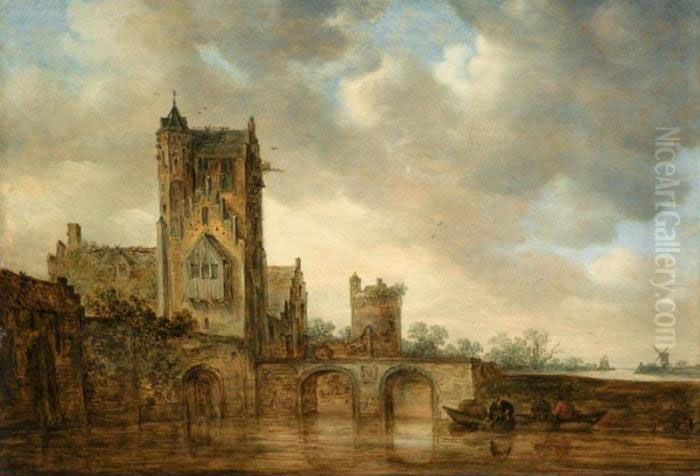 A Large House With A Tower, At 
The Edge Of A River Crossed By A Two-arched Stone Bridge, Three Men In A
 Rowing Boat Below Oil Painting by Jan van Goyen