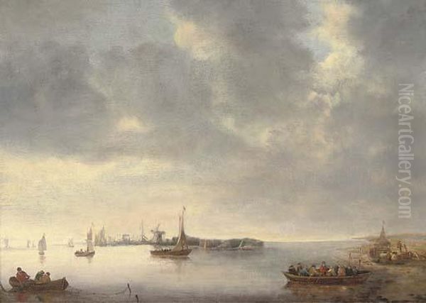 Fishing Boats And Other Shipping Near A Dutch Town Oil Painting by Jan van Goyen