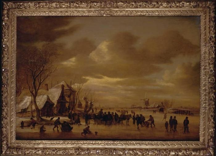 Winter Landscape With Skaters On
 A Frozen Lake Beside A Tavern A Windmill Beyond Oil Painting by Jan van Goyen