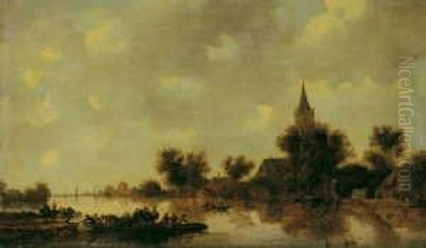 Flusslandschaft Mit Fahrboot. Oil Painting by Jan van Goyen