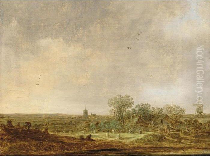 An Extensive Dune Landscape With
 Corn Stooks And A Mill And A Distant View Of The Grote Kerk In The 
Hague Oil Painting by Jan van Goyen