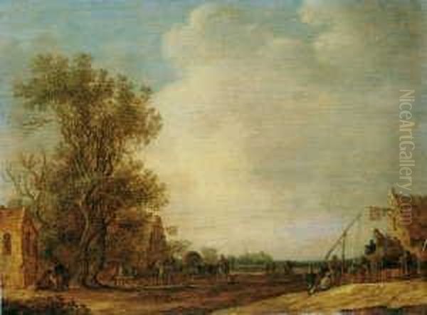Ein Wirtshaus Mit Einem Schwan 
Im Aushangeschild. Im Vordergrund Links Drei Figuren Vor Einer Kapelle 
(der Petronella-kapelle In De Bilt Bei Utrecht). Oil Painting by Jan van Goyen