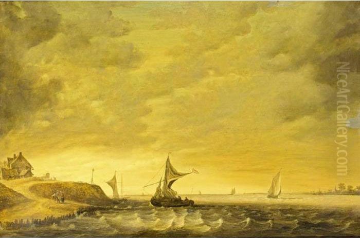 A River Landscape With Sailing 
Boats In Choppy Waters And Figures Conversing On The Shore Oil Painting by Jan van Goyen