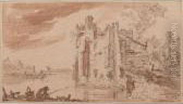 Overgrown Ruins On A River Bank,
 With Fishermen To The Left And Other Figures To The Right Oil Painting by Jan van Goyen