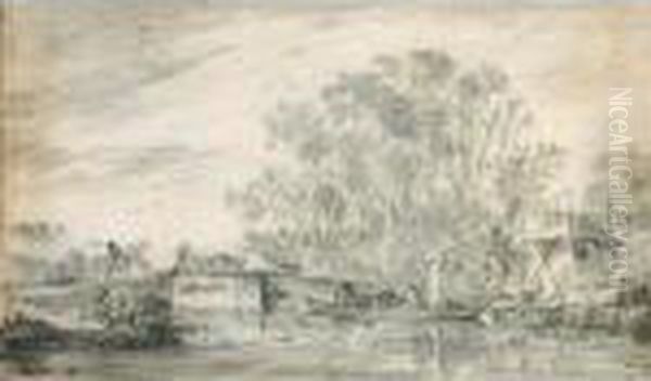 River Landscape With Fishermen 
In Their Boats To The Right, And A Herdsman With His Flocks On A Low 
Bridge Oil Painting by Jan van Goyen