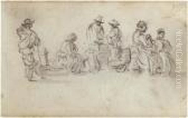 A Sketchbook Page: Study Of Six 
Figures At A Marketplace, Two Discussing Goods, Another Seated On A 
Wheelbarrow Oil Painting by Jan van Goyen