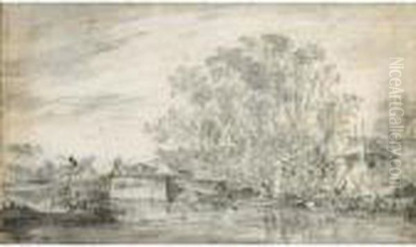 River Landscape With Fisherman 
In Their Boats To The Right, And A Herdsman With His Flocks On A Low 
Bridge Oil Painting by Jan van Goyen