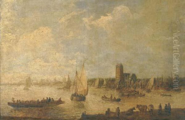 A River Landscape With Shipping 
And Fishermen In Rowing Boats Andcattle Grazing In The Foreground, A 
City Beyond Oil Painting by Jan van Goyen