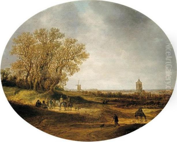 Two Riders And Other Figures On A
 Road, With A Distant View Of The Church Of Nieder-elten Oil Painting by Jan van Goyen