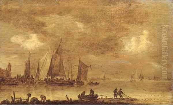 An Estuarine Landscape With 
Fishermen Drawing In Nets In The Foreground, Boats By A Jetty Beyond Oil Painting by Jan van Goyen