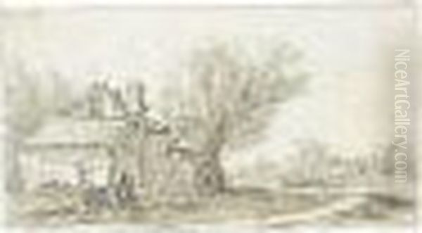 A Sketchbook Sheet: A Cottage 
Beside Trees To The Left, And A Path To The Right And Other Cottages And
 Animals Behind Oil Painting by Jan van Goyen