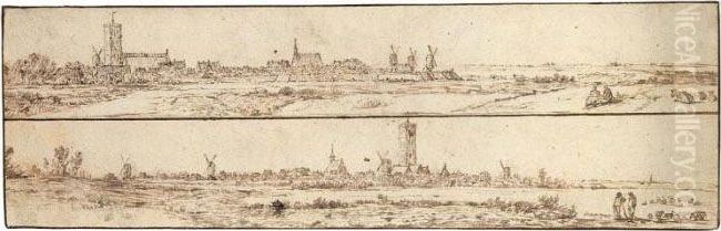 Two Panoramic Views Of A Small Town, One Above The Other On A Single Sheet. Oil Painting by Jan van Goyen