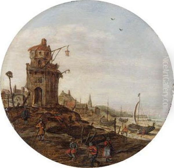 Villagers Skating On A Frozen 
Waterwaybefore A Church; Villagers Ona Frozen Waterway, A Town And A 
Windmill Beyond; Fisherfolk On Abeach By A Tower; And Travellers On A 
Wooded Pathin A Village Oil Painting by Jan van Goyen