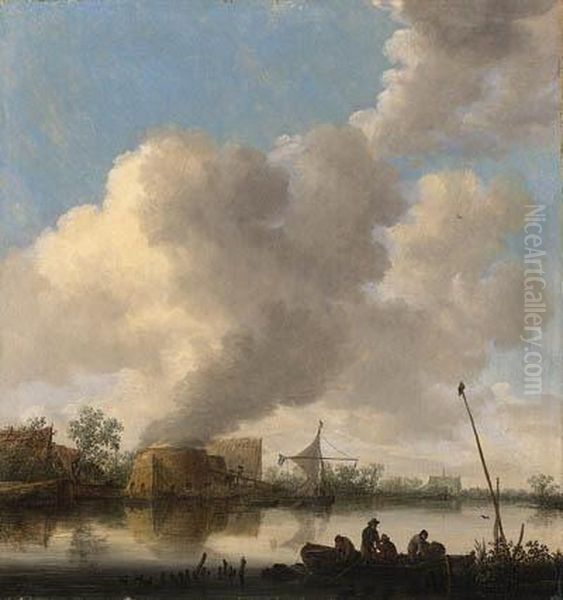 A River Landscape With Fishermen
 In A Rowing Boat, A Lime Kilm,farmhouses And A Church Beyond Oil Painting by Jan van Goyen
