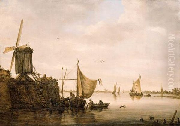 A River Landscape With Men 
Unloading A Waterschip By A Landingstage With A Windmill, Kaags And A 
Smalschip Beyond Oil Painting by Jan van Goyen