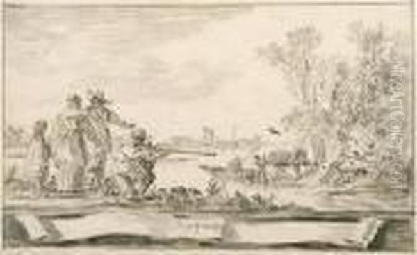 Elegant Company Shooting Birds In An Estuary: A Design For Atitle-page
Signed And Dated In A Cartouche 'j.v. Goijen. 1653'
Black Chalk, Gray Wash, Black Chalk Framing Lines Oil Painting by Jan van Goyen