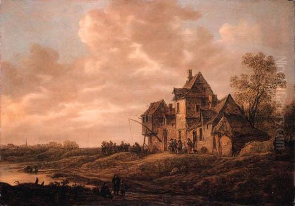 Travellers At An Inn By A River 
With Peasants And A Washerwomannearby, At Sunset, On A Cloudy Day Oil Painting by Jan van Goyen