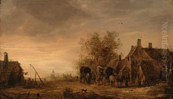 A View Of The Village Of Renkum,
 With Travellers In Wagons Restingon The Roadside By An Inn, The Church 
Beyond Oil Painting by Jan van Goyen