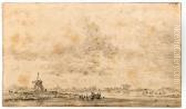A River Landscape With A 
Windmill, Fishermen Tending Nets In Theforegound And A Church In The 
Distance Oil Painting by Jan van Goyen