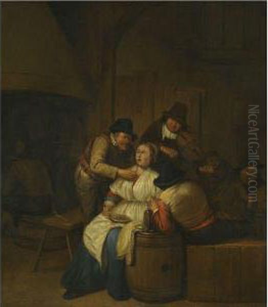 A Tavern Interior With Two 
Peasants Making Advances On A Maid,with Figures Making Music Beyond Oil Painting by Egbert Jaspersz. van, the Elder Heemskerck